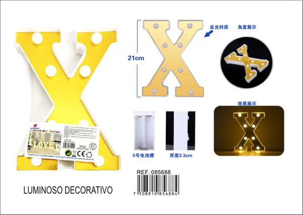 Letra luminosa LED de 21 cm de plástico, dorada, letra X