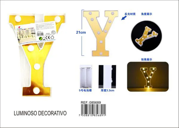 Letra luminosa LED de 21 cm de plástico, dorada, letra Y