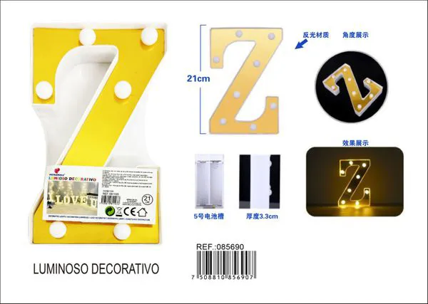 Letra luminosa LED de 21 cm de plástico, dorada, letra Z