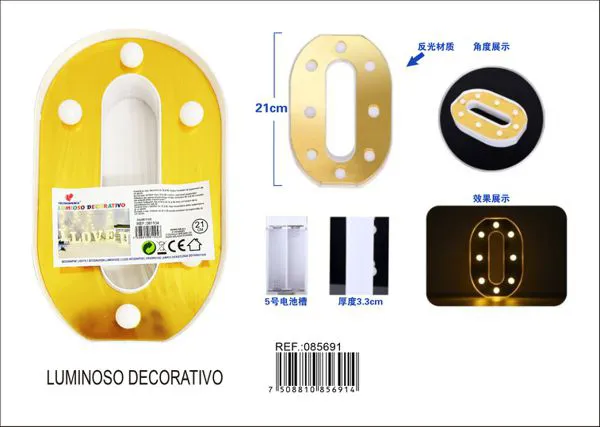 Número luminoso LED de 21 cm de plástico, dorado, número 0