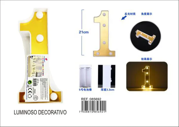Número luminoso LED de 21 cm de plástico, dorado, número 1