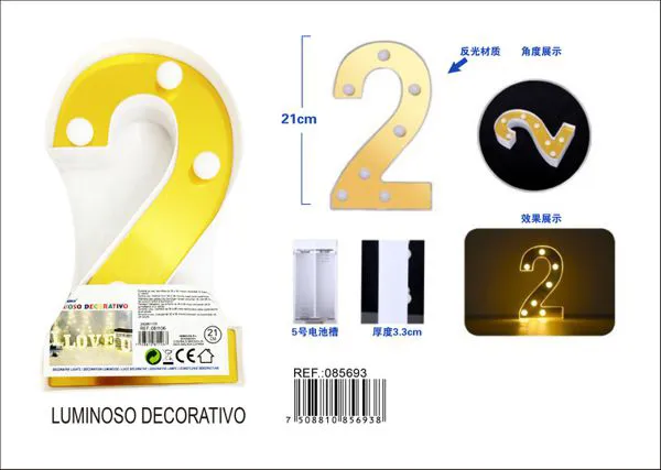 Número luminoso LED de 21 cm de plástico, dorado, número 2