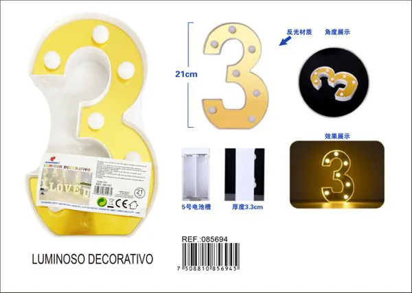 Número luminoso LED de 21 cm de plástico, dorado, número 3