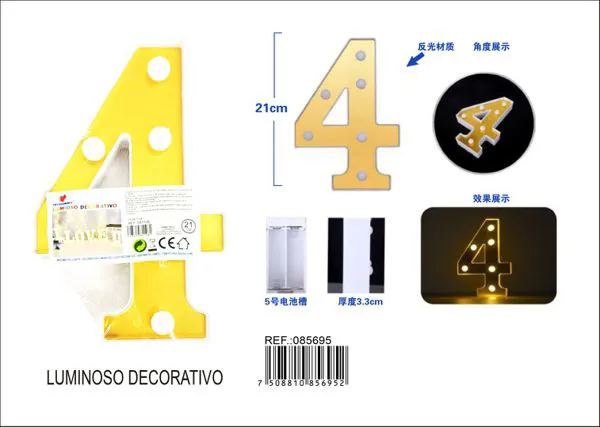 Número luminoso LED de 21 cm de plástico, dorado, número 4