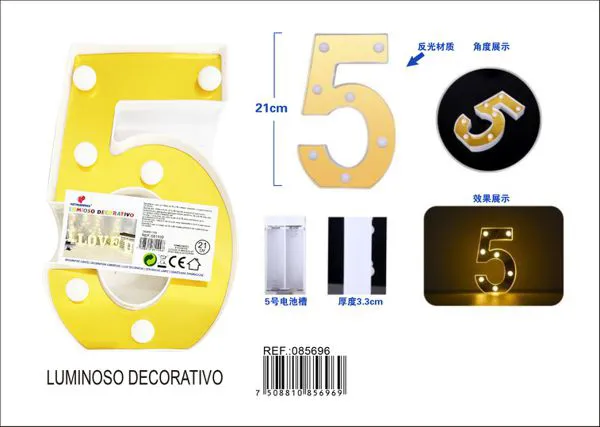 Número luminoso LED de 21 cm de plástico, dorado, número 5