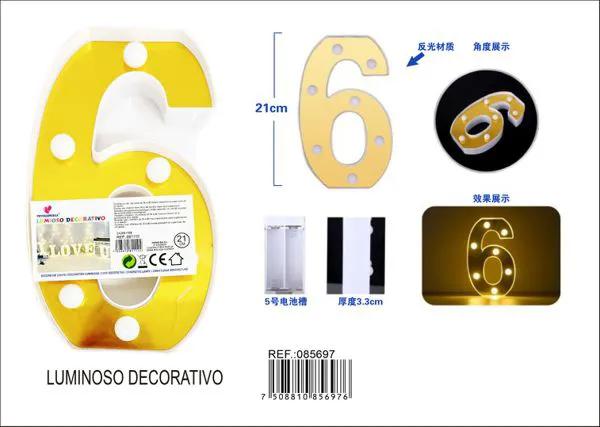 Número luminoso LED de 21 cm de plástico, dorado, número 6