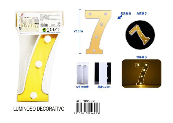 Número luminoso LED de 21 cm de plástico, dorado, número 7