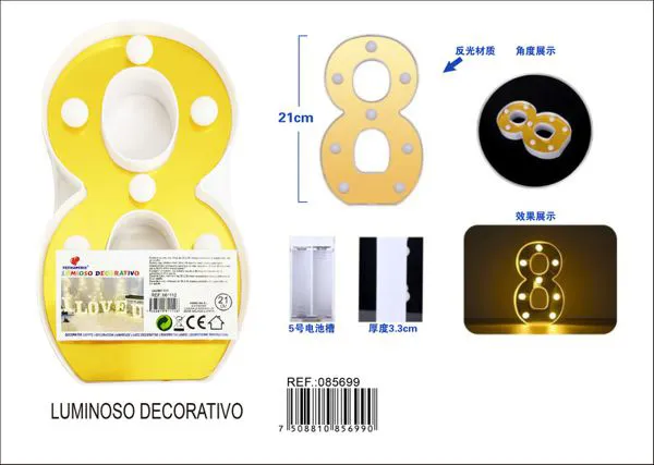 Número luminoso LED de 21 cm de plástico, dorado, número 8