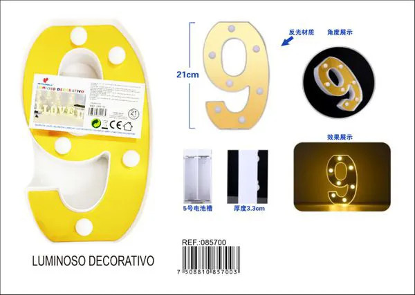 Número luminoso LED de 21 cm de plástico, dorado, número 9