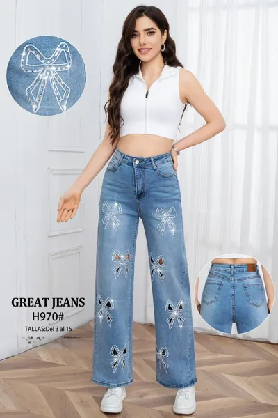Jeans con detalle de moños brillantes