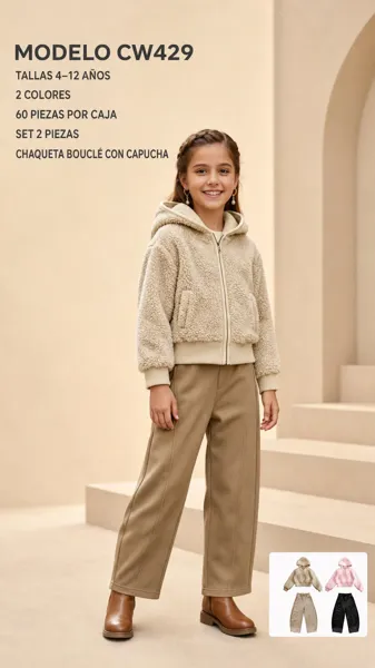 Conjunto de 2 piezas con chaqueta borrega y capucha para niña