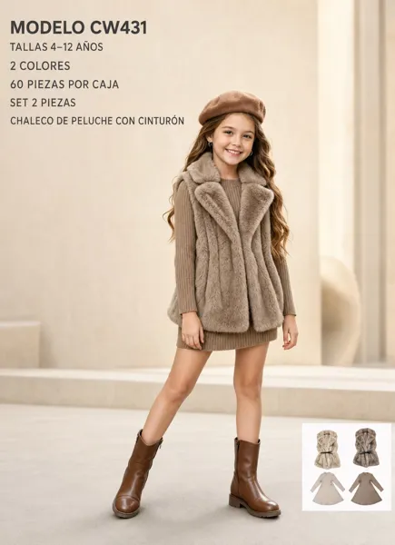 Conjunto de chaleco de peluche y vestido para niña