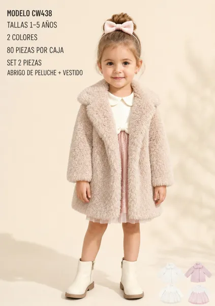 Conjunto de 2 piezas con abrigo de peluche y vestido para niña