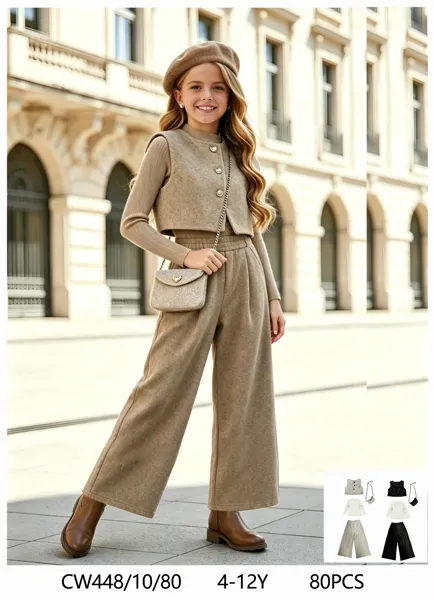 Conjunto de 3 piezas con chaleco y pantalón ancho para niña