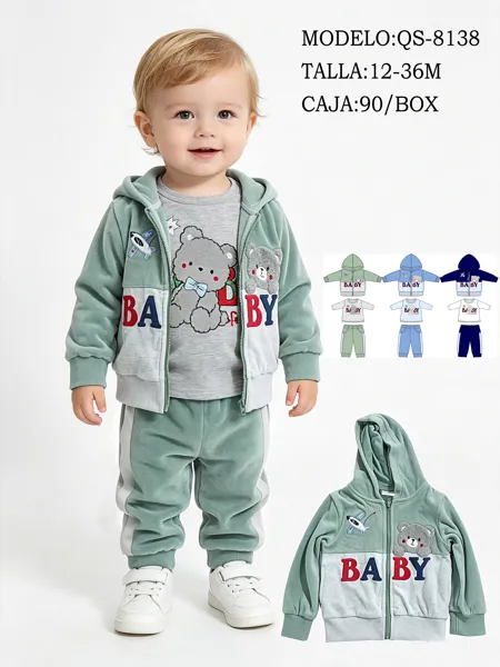Conjunto de 3 piezas con chamarra con capucha y osito para niño