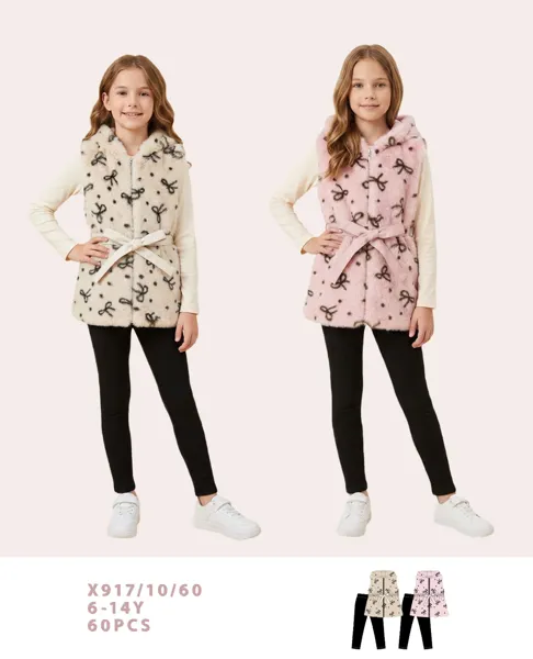 Conjunto de chaleco peludo con capucha y leggings para niña
