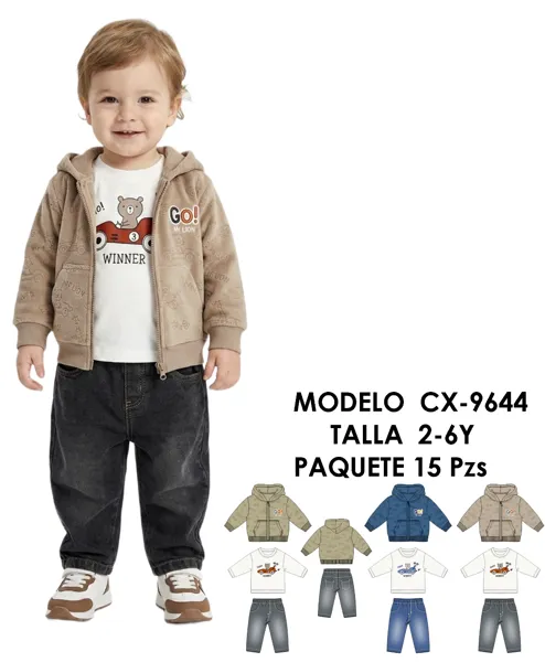 Conjunto de 3 piezas con chamarra con capucha para niño
