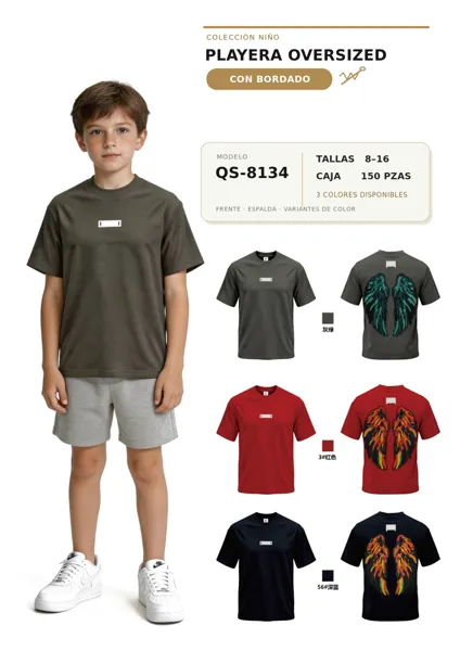 Playera oversized con alas bordadas en la espalda para niño