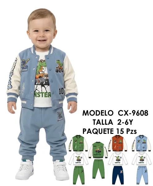 Conjunto de 3 piezas con chamarra tipo beisbol para niño