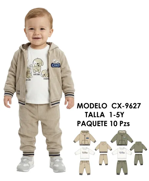 Conjunto de 3 piezas con chamarra de pana y capucha para niño