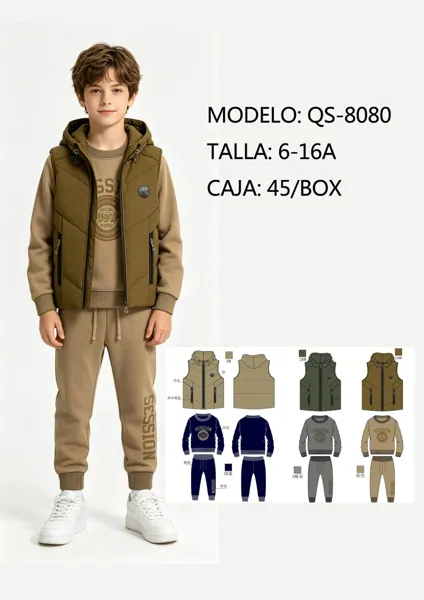 Conjunto de 3 piezas con chaleco acolchado con capucha para niño