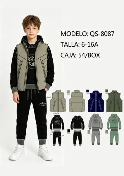 Conjunto de chaleco acolchado con capucha y jogger para niño