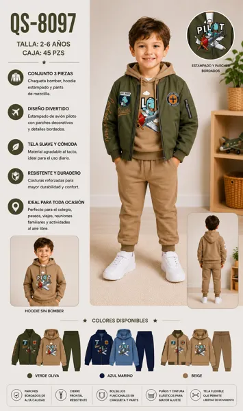 Conjunto bomber de 3 piezas con capucha para niño