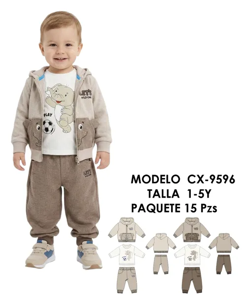 Conjunto de 3 piezas con chamarra con capucha para niño