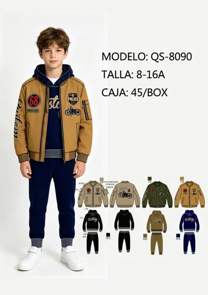 Conjunto de 3 piezas con chamarra bomber con parches para niño