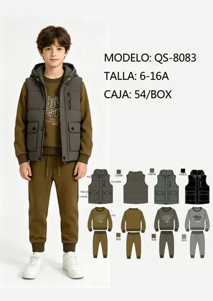 Conjunto de 3 piezas con chaleco con capucha para niño