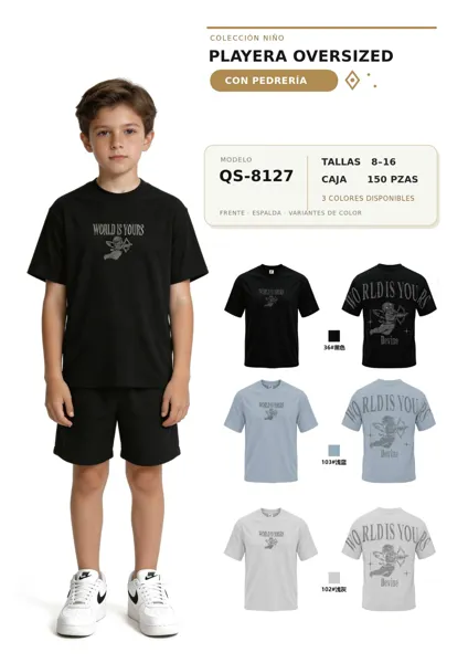 Playera oversized negra con estampado de pedreria para niño