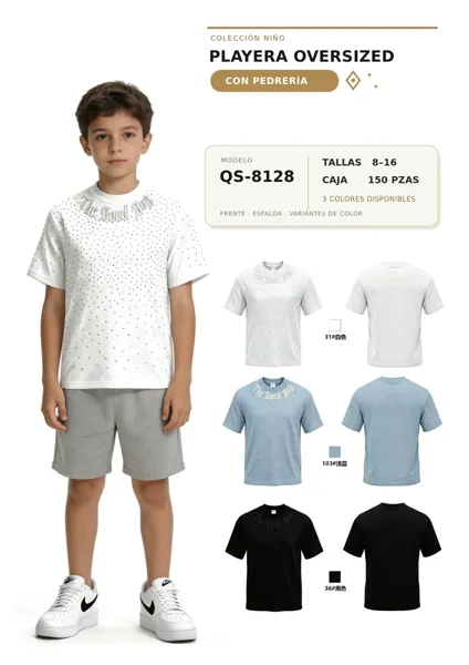 Playera oversized con pedrería de manga corta para niño
