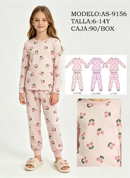 Pijama de 2 piezas con estampado de cerezas para niña