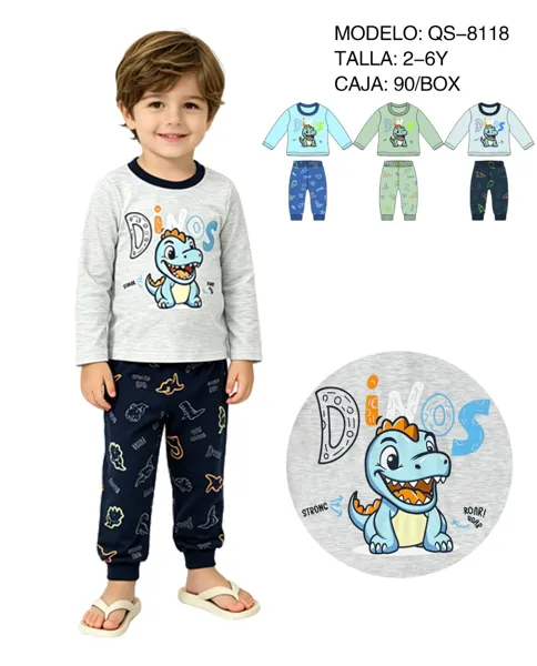 Pijama de 2 piezas con estampado de dinosaurio para niño