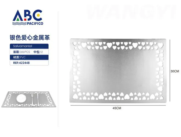 Mantel individual de cuero metalizado plateado con corazones 30x45 cm