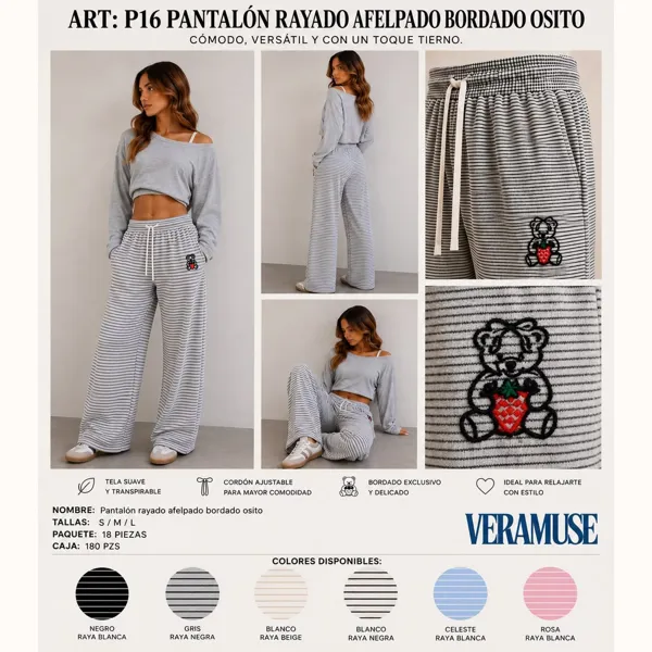 Pantalón rayado afelpado bordado osito