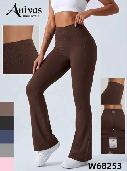 Pantalones deportivos acampanados acanalados de cintura alta