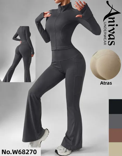 Conjunto deportivo de chamarra y pantalón acampanado con bolsillos