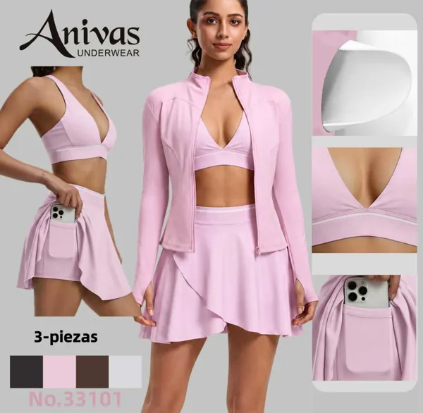 Conjunto deportivo de 3 piezas chaqueta, top y falda short