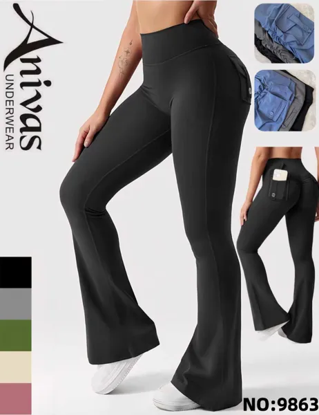 Pantalones deportivos acampanados de cintura alta con bolsillo