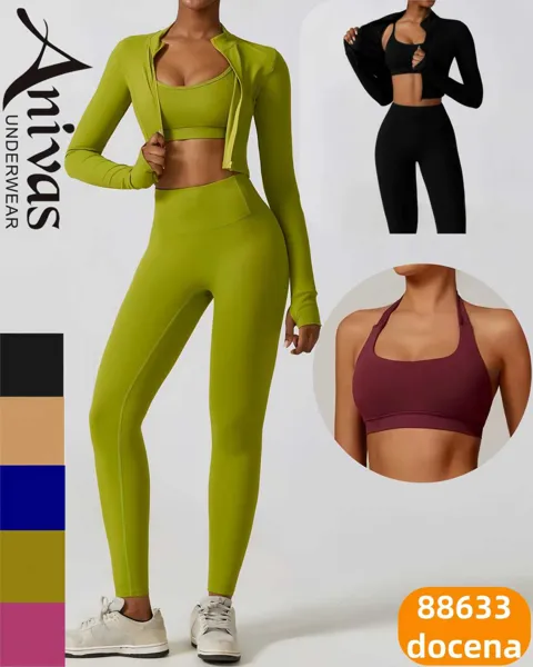 Conjunto deportivo de chaqueta con cierre, top y leggings