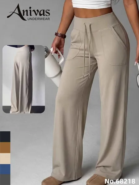 Pantalones deportivos de pierna ancha de cintura alta con bolsillos