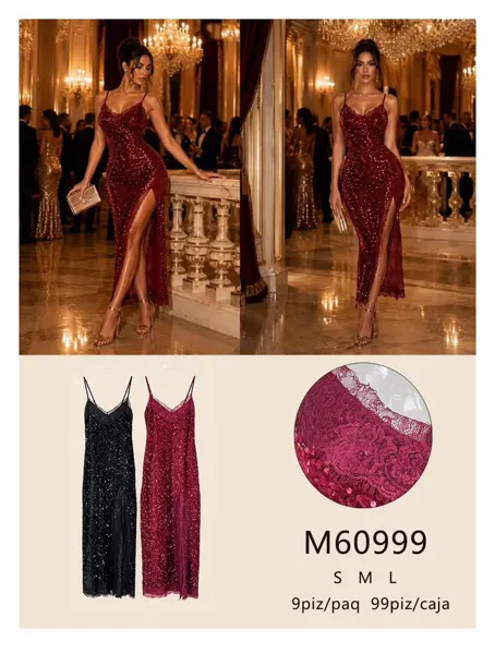 Vestido largo con lentejuelas y encaje