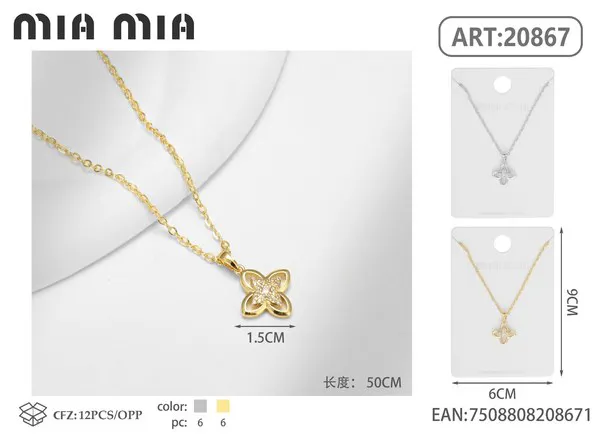 Collar de cobre con flor de cuatro pétalos y circonitas
