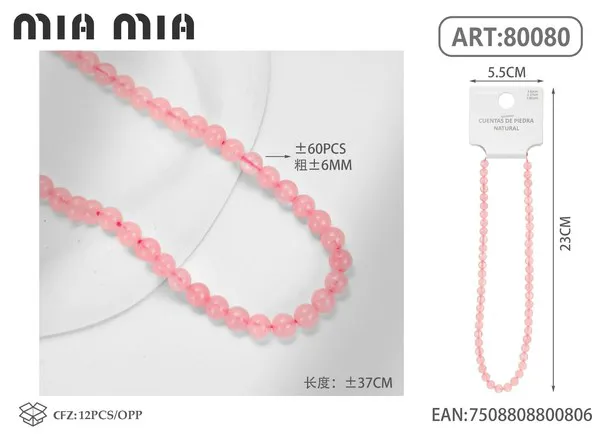 Collar de cuentas de cuarzo rosa de 6mm