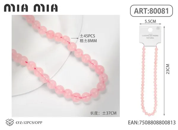 Collar de cuentas de cuarzo rosa de 8mm