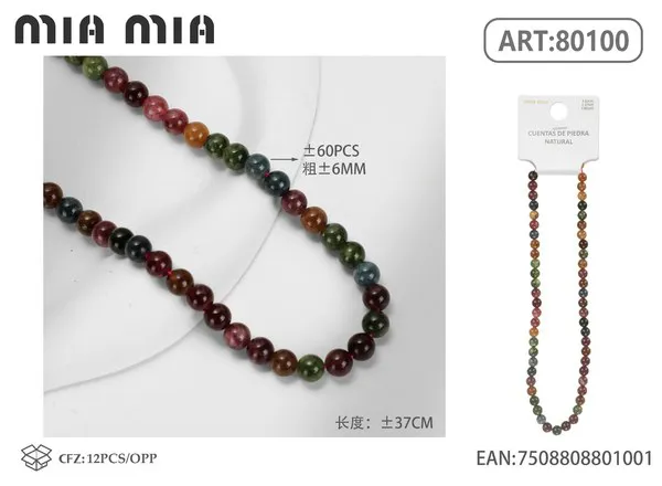 Collar de cuentas de turmalina multicolor de 6mm