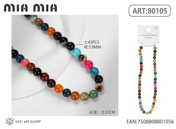 Collar de cuentas de ágata rayada multicolor de 8mm