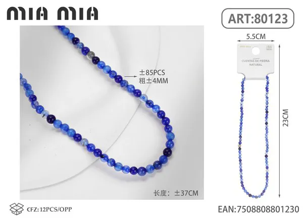 Collar de cuentas de ágata rayada azul de 4mm