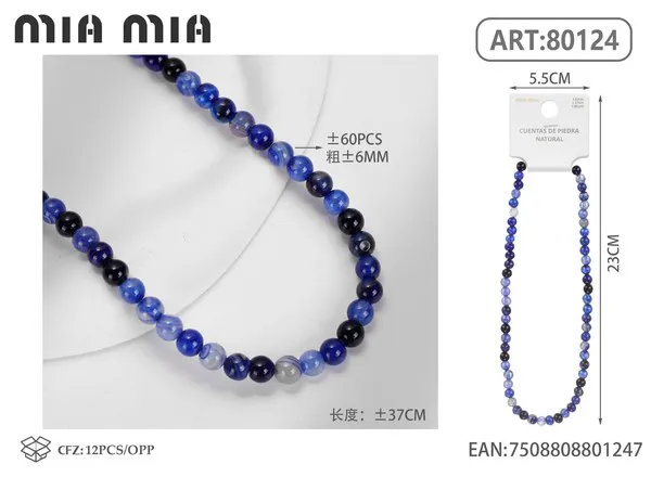 Collar de cuentas de ágata rayada azul de 6mm